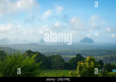 Paesaggio australiano attraverso la foresta pluviale del Queensland da vicino a Malene guardando le lontane Glass House Mountains nella nebbia mattutina. Foto Stock