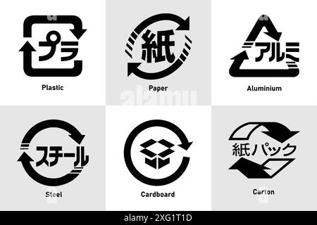 Set di icone di riciclaggio giapponesi con etichetta: Plastica, carta, alluminio, acciaio, cartone e cartone. Set di icone dei codici di riciclaggio giapponesi con etichetta. Illustrazione Vettoriale