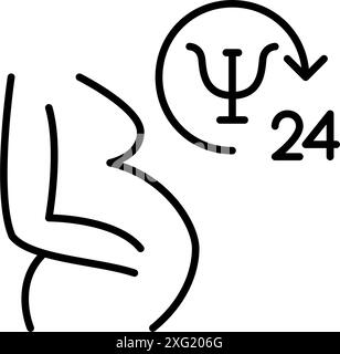 Donna incinta, psicoterapia e simboli di 24 ore. Assistenza e supporto per la maternità e la gin ob 24 ore su 24. Pixel perfetti Illustrazione Vettoriale