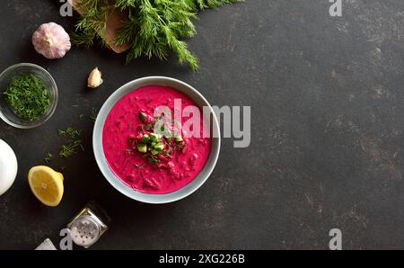 Disintossicazione della zuppa di crema di barbabietole con yogurt, cetrioli e aneto nel recipiente su sfondo scuro con spazio libero. Zuppa fredda estiva. Vista dall'alto, disposizione piatta Foto Stock