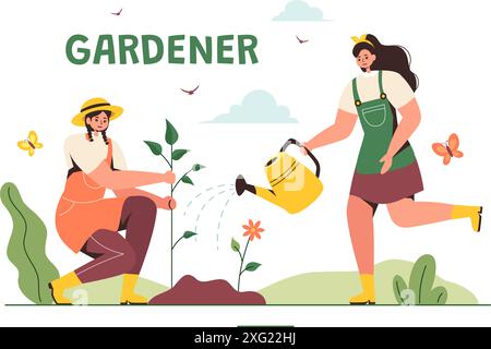 Illustrazione del vettore del giardiniere con attrezzi da giardino, agricoltura e coltivazione di verdure in uno sfondo di cartone animato a forma di giardino botanico estivo Illustrazione Vettoriale