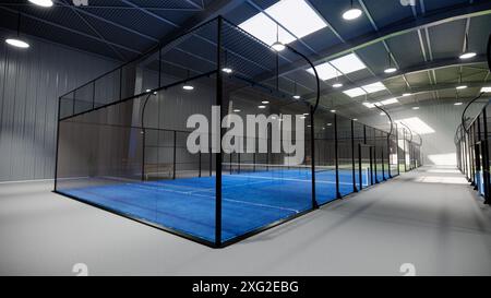 vista vertiginosa degli angoli verdi e blu vuoti dei campi da tennis in padel all'interno di un edificio di magazzino, situato nell'area del complesso sportivo. WIT Foto Stock