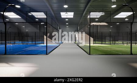 Campi da tennis vuoti in padel verde e blu all'interno di un magazzino situato nell'area del complesso sportivo. Con le luci accese durante il giorno Foto Stock