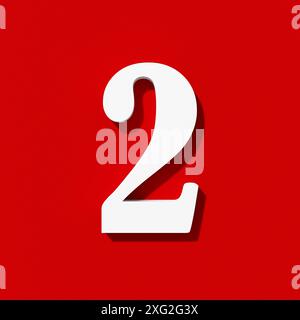 Numero due bianco su sfondo rosso. Vista dall'alto. Rendering 3D. Foto Stock