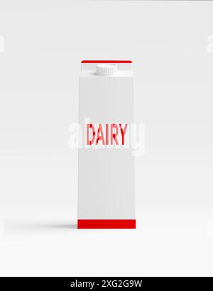 Concetto di prodotti lattiero-caseari. Scatola di cartone per latte caseario con design rosso e bianco su sfondo bianco. rendering 3d. Foto Stock