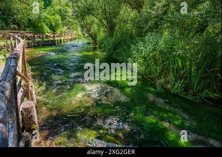 Il lago di posta Fibreno si trova in Valle Comino. Oltre alla sua fauna endemica, il lago è noto per la presenza di una isl galleggiante naturale Foto Stock