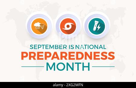 Mese nazionale di preparazione. Messaggio di emergenza, poster, barra multifunzione, banner, modello vettore. Illustrazione Vettoriale