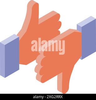 Due mani mostrano i pollici verso l'alto e verso il basso per i pulsanti mi piace e non mi piace Illustrazione Vettoriale