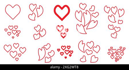 Set di forme di cuori isolate di colore rosso. Simbolo per data, matrimonio, mariage. Illustrazione Vettoriale