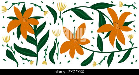 Vettore di sfondo di fiori colorati astratti. Carta da parati botanica di fiori, rami di foglie. Design floreale per striscioni, stampe, decorazioni, pareti, decorazioni Illustrazione Vettoriale