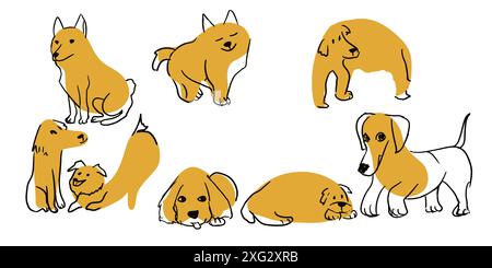 Set di cani, stile di schizzo. Adorabile simpatico animale domestico e molti personaggi disegnati a mano. Illustrazione Vettoriale