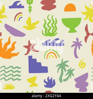 Motivo senza cuciture di elementi marini, stile matisse Groovy, design piatto Illustrazione Vettoriale