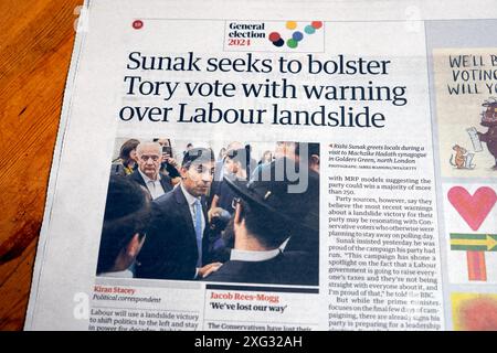 PM Rishi 'Sunak cerca di rafforzare il voto dei Tory con un avvertimento sulla frana laburista' giornale Guardian headline Election Jewish article luglio 2024 Londra Regno Unito Foto Stock