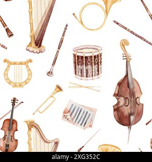 Pattern senza cuciture con strumenti di musica classica. Batteria, basso e arpa con spartiti, violino, flauto e clarinetto. Acquerello disegnato a mano in stile vintage Foto Stock