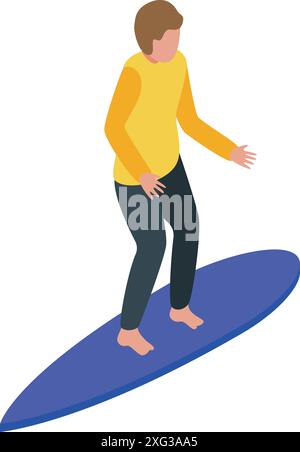 Surfista in equilibrio su una tavola da surf sulle onde, sport acquatici estremi e illustrazione dello stile di vita attivo Illustrazione Vettoriale