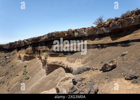 Un gulley eroso tra il Montana El Cerrillar e il Montana de las Arenas Negras che espone strati di roccia vulcanica e cenere, il Parco Nazionale del Teide, Tenerife Foto Stock