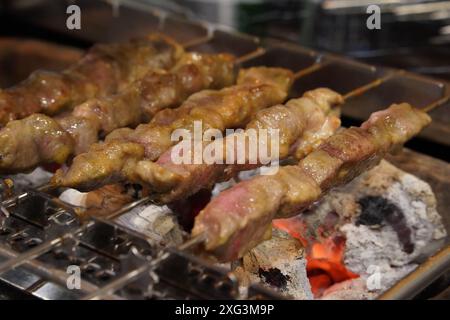 Spiedini di agnello grigliati grigliati sul fuoco di carbone Foto Stock