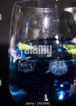 Primo piano di berrisdi blu, foglie di Bassil e fiori di rosmarino, che guardano un bicchiere di Gin e Tonic blu Foto Stock