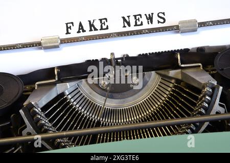 Primo piano di una macchina da scrivere d'epoca con il testo "FAKE NEWS" Foto Stock