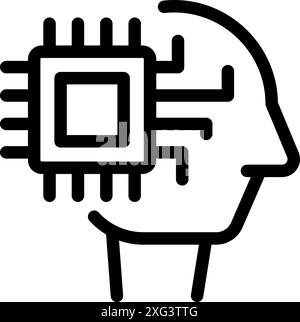 Illustrazione minimalista con un profilo della testa umana con una cpu che sostituisce parte del cervello, simboleggiando l'intelligenza artificiale Illustrazione Vettoriale