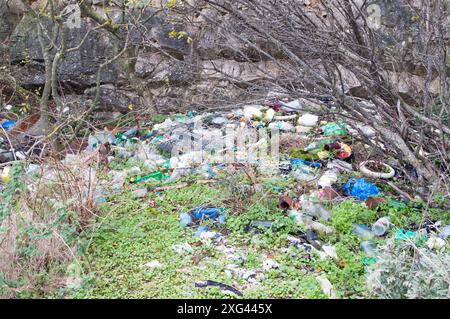 Mucchi di spazzatura nella foresta, negligenza umana sulla natura Foto Stock