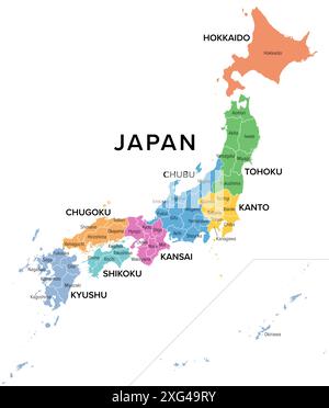 Giappone, regioni e prefetture, mappa politica multicolore. Le otto regioni del Giappone, divise in 47 prefetture. Foto Stock