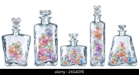 Bordo senza cuciture dei flaconi in vetro trasparente con cuori multicolore perlati. Illustrazione in acquerello della pozione d'amore per il modello di San Valentino, matrimonio Foto Stock