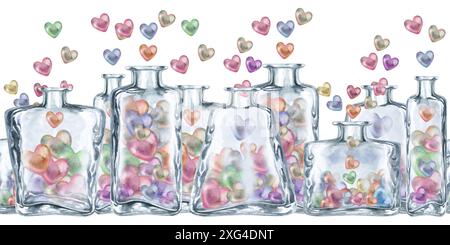 Bordo senza cuciture dei flaconi in vetro trasparente con cuori multicolore perlati. Illustrazione in acquerello della pozione d'amore per il modello di San Valentino, matrimonio Foto Stock