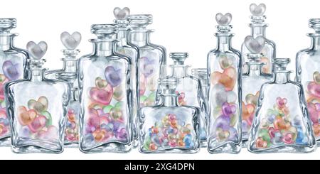 Bordo senza cuciture dei flaconi in vetro trasparente con cuori multicolore perlati. Illustrazione in acquerello della pozione d'amore per il modello di San Valentino, matrimonio Foto Stock