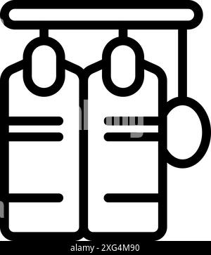 Semplice icona in bianco e nero di due tute da immersione appese e asciugate sugli appendiabiti Illustrazione Vettoriale