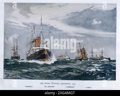 Navi da guerra della Royal Navy all'inizio del XX secolo, squadrone di addestramento a vapore, HMS Minerva, HMS St George, HMS Cambriam, HMS Juno Foto Stock