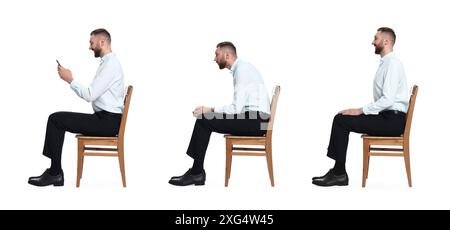 Uomo con postura scarsa e buona seduta su una sedia su sfondo bianco, collage di foto Foto Stock