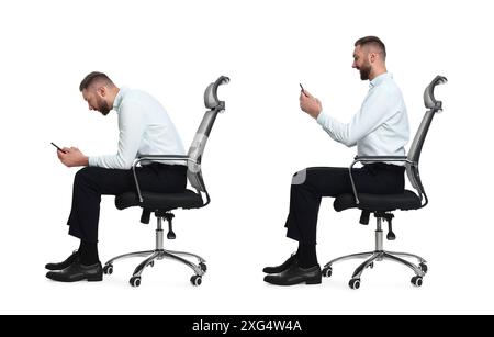 Uomo con postura scarsa e buona seduta su una sedia su sfondo bianco, collage di foto Foto Stock