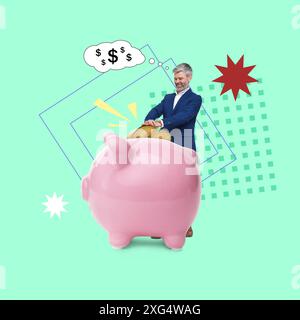 Collage creativo con un uomo d'affari che mette le monete nel salvadanaio su sfondo colorato Foto Stock