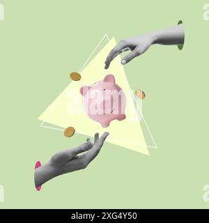 Collage creativo con salvadanaio, monete, mani di uomo e donna su sfondo colorato Foto Stock