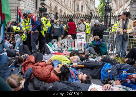 Londra, Regno Unito. 6 luglio 2024. Durante la manifestazione si vedono manifestanti sdraiati sulla strada fuori Downing Street. Migliaia di attivisti e sostenitori filo-palestinesi hanno marciato nel centro di Londra. I manifestanti chiedono al governo britannico di smettere di armare Israele e di chiedere un cessate il fuoco permanente durante la guerra israelo-Gaza. Credito: SOPA Images Limited/Alamy Live News Foto Stock