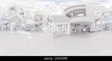 panorama a 360 gradi di un moderno edificio bianco con mappa dell'ambiente vr Foto Stock