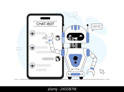 Concetto di bot. Intelligenza artificiale e apprendimento automatico. Tecnologie e innovazioni moderne. Assistente virtuale e assistente. Vettore lineare Illustrazione Vettoriale