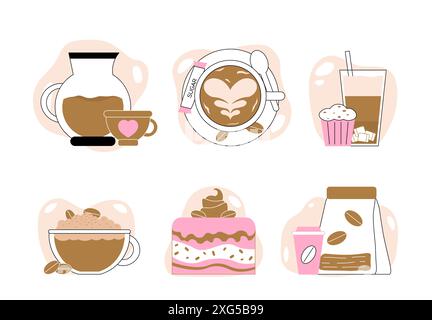 Set di caffè. Cappuccino e latte americano. Bevande calde e fetta di torta e cupcake. Aroma e bevande. Menu caffetteria. Vettore lineare Illustrazione Vettoriale