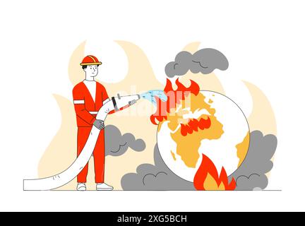 Pompiere con fuoco globale. WAN in uniforme protettiva rossa con il tubo nelle mani estingue le fiamme con l'acqua. Soccorritore salvare la foresta. Vettore lineare Illustrazione Vettoriale