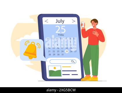 Calendario al telefono. Uomo vicino al telefono cellulare con organiser. Gestione del tempo e organizzazione di un processo di lavoro efficace. Prendere appuntamenti. Vettore piatto Illustrazione Vettoriale