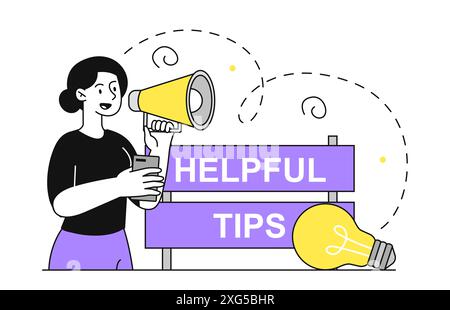 Suggerimenti utili. Donna con altoparlante in piedi vicino alla lampadina. Supporto tecnico e feedback. Risposte alle domande frequenti. Lineare Illustrazione Vettoriale