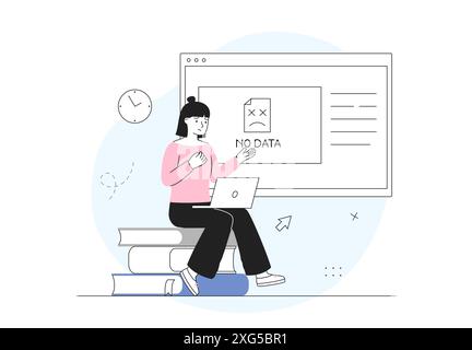 Concetto di nessun file di dati. La donna con un computer portatile non riesce a trovare un documento nella memoria elettronica. Problemi con l'archivio digitale. File del computer rotto. Vettore lineare Illustrazione Vettoriale