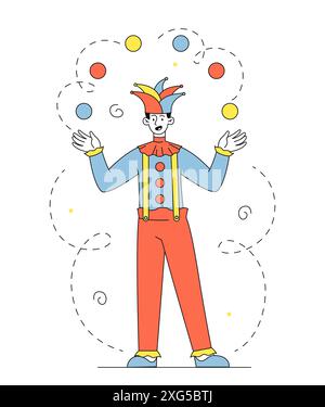 Concetto di Jester Perform. L'uomo con abiti luminosi e maschera da clown giocherà le palle. Clow si esibisce al circo o al carnevale. Umorismo e battute. Lineare piatta Illustrazione Vettoriale