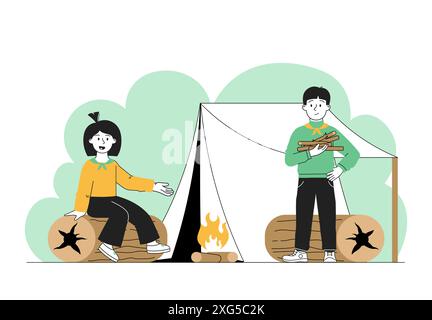 Scout con tenda. Ragazzo e ragazza vicino al fuoco. Bambini con stile di vita attivo e tempo libero. Escursioni e campeggio, trekking nella foresta. Vettore lineare Illustrazione Vettoriale