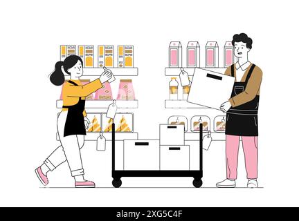 Dipendenti del negozio di prodotti da forno. Uomo e donna vicino a latte, panetteria e pasticceria. Merchandising al supermercato. Venditori di prodotti. Vettore lineare Illustrazione Vettoriale