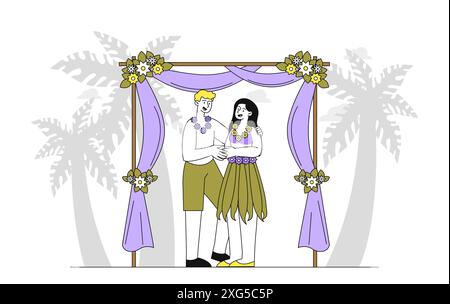 Matrimonio alle Hawaii. Uomo e donna in costumi tropicali fatti di foglie. Cerimonia di nozze in un paese tropicale ed esotico. Amore e romanticismo. Lineare piatta Illustrazione Vettoriale