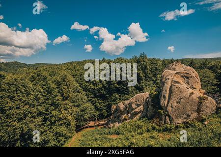 Una roccia nella fortezza di Tustan Place Skole Beskids National Nature Park regione di Leopoli Foto Stock