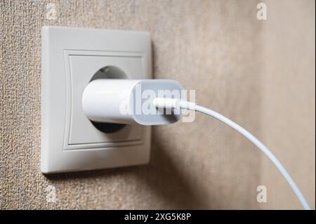 Primo piano di un'unità di ricarica usb con un connettore usb c e un cavo bianco. Presa europea. Il concetto di fornitura di energia elettrica all'Unione europea Foto Stock