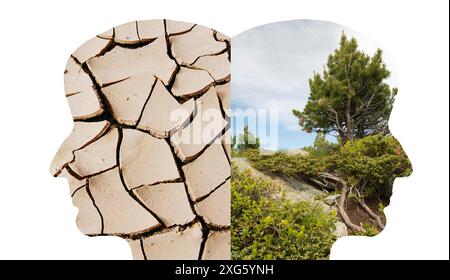 Silhouette di due facce guardare nella direzione opposta, una con natura verde, montagne, l'altra con un letto di fiume secco, il cambiamento climatico Foto Stock